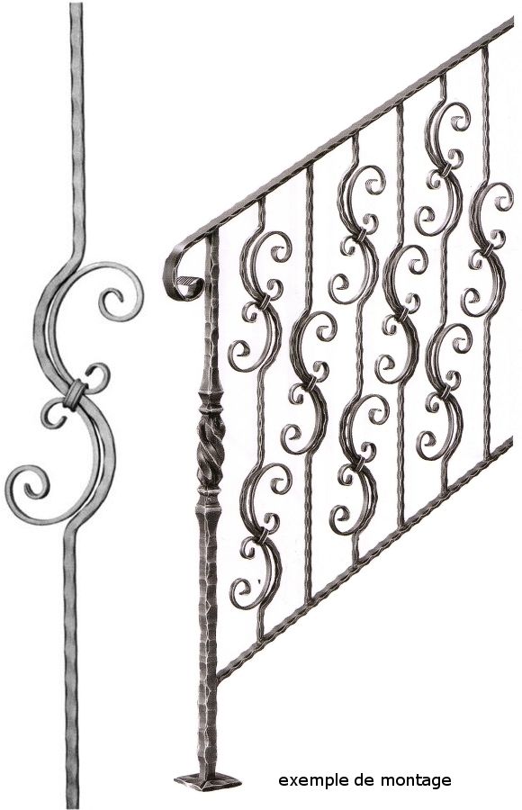 Balustre en fer forg� carr� 12x12mm martel� avec motif 12x6mm