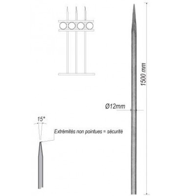 pièce élément ferronnier serrurier Barreau appointé ROND Longueur 1500 Diamètre 12 ACIER FER FORGE Ref: 1RL12-1500