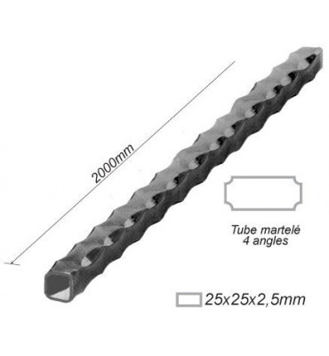 pièce élément ferronnier serrurier Tube MARTELE CARRE Longueur 2000 Section 25x25x2,5 ACIER FER FORGE Ref: F59.321