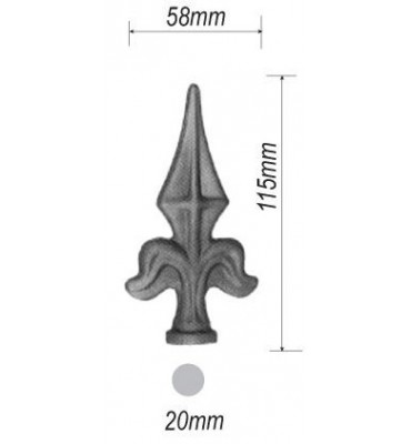 pièce élément ferronnier serrurier Pointe de lance fleur de lys sans épaulement 115 x 58 Diamètre 20 ACIER FER FORGE Ref: BE1...