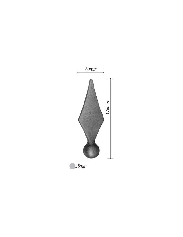 pièce élément ferronnier serrurier Pointe de lance aplaties avec une boule méplate 175 x 60 Diamètre 35 ACIER FER FORGE Ref: ...