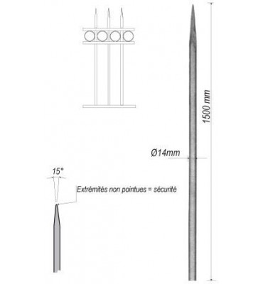 pièce élément ferronnier serrurier Barreau appointé ROND Longueur 1500 Diamètre 14 ACIER FER FORGE Ref: 1RL14-1500