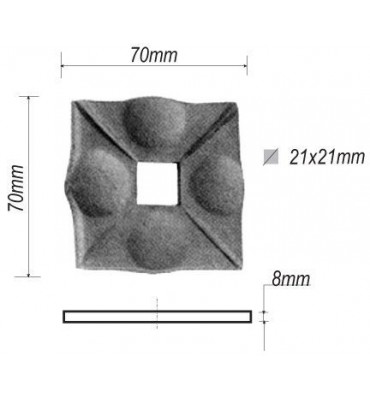 pièce élément ferronnier serrurier Plaque de fixation carré pour escalier 70 x 70 Hauteur 8 Section 21x21 ACIER Ref: BE13305
