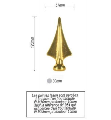 pièce élément ferronnier serrurier Pointe de lance en laiton pour portail ailes 110 x 57 Diamètre 21 LAITON Ref: BRF15-167