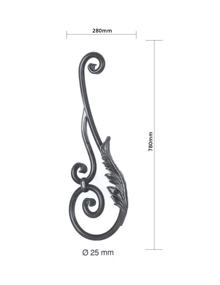 pièce élément ferronnier serrurier Volute décorative patte d'oie avec feuille 780 x 280 Diamètre 25 ACIER Ref: F53.600