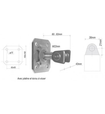 pièce élément ferronnier serrurier Gond réglable avec platine 100 x 100 Hauteur 60 Section 21x38 ACIER Ref: F66.230