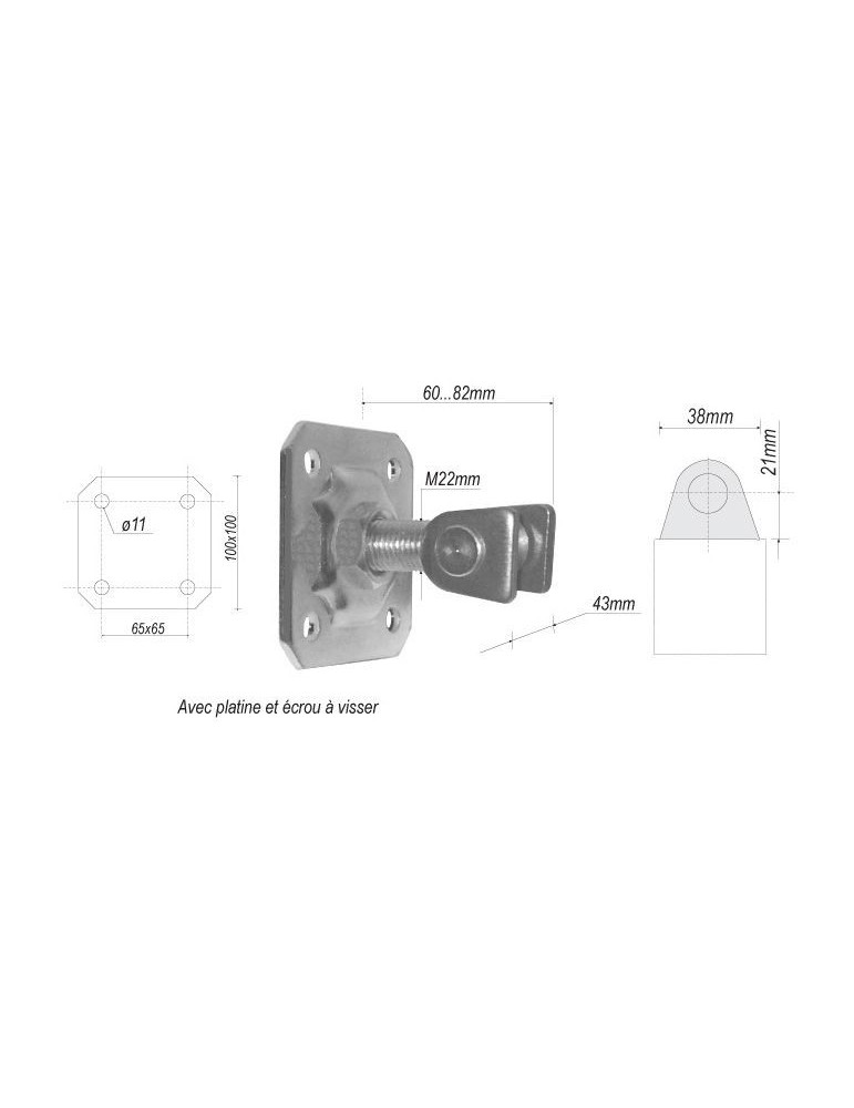pièce élément ferronnier serrurier Gond réglable avec platine 100 x 100 Hauteur 60 Section 21x38 ACIER Ref: F66.230