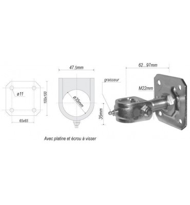 pièce élément ferronnier serrurier Gond réglable avec platine 100 x 100 Hauteur 62 Diamètre 35 ACIER Ref: F66.233