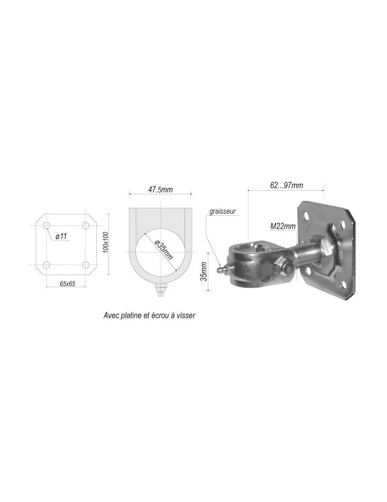 pièce élément ferronnier serrurier Gond réglable avec platine 100 x 100 Hauteur 62 Diamètre 35 ACIER Ref: F66.233