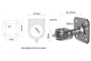 pièce élément ferronnier serrurier Gond réglable avec platine 100 x 100 Hauteur 62 Diamètre 35 ACIER Ref: F66.233