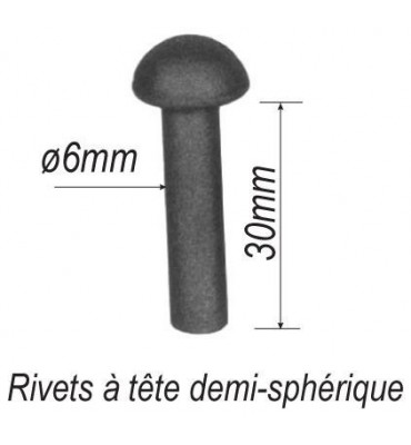 pièce élément ferronnier serrurier Rivet à tête demi-sphérique pour éléménts Longueur 30 Diamètre 6 ACIER Ref: F67.112