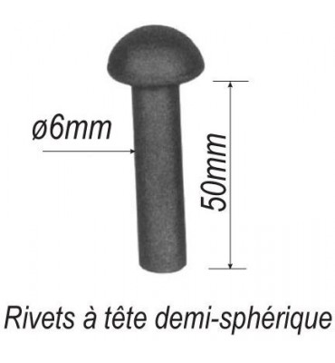 pièce élément ferronnier serrurier Rivet à tête demi-sphérique pour éléménts Longueur 50 Diamètre 6 ACIER Ref: F67.114