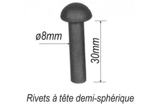 pièce élément ferronnier serrurier Rivet à tête demi-sphérique pour éléménts Longueur 30 Diamètre 8 ACIER Ref: F67.116
