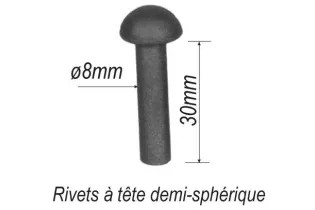 pièce élément ferronnier serrurier Rivet à tête demi-sphérique pour éléménts Longueur 30 Diamètre 8 ACIER Ref: F67.116