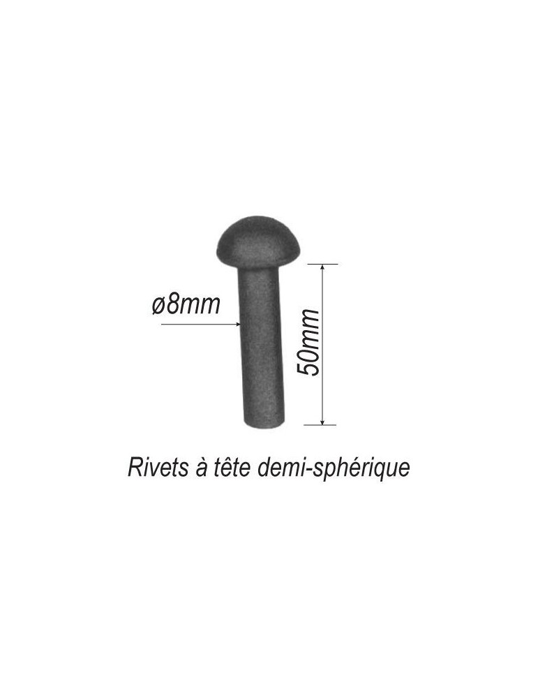 pièce élément ferronnier serrurier Rivet à tête demi-sphérique pour éléménts Longueur 50 Diamètre 8 ACIER Ref: F67.118
