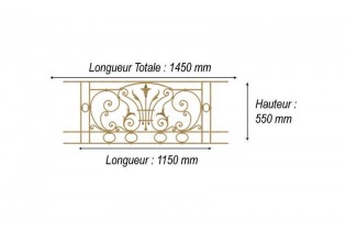élément prêt à poser Balcon Chantilly - avec main courante et peinture d'apprêt 1150 x 550 FONTE Ref: F68.527