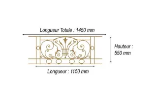 élément prêt à poser Balcon Chantilly - avec main courante et peinture d'apprêt 1150 x 550 FONTE Ref: F68.527