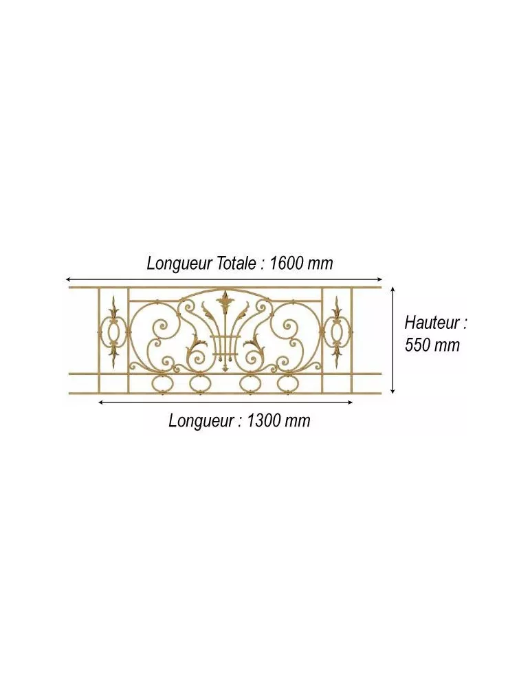 élément prêt à poser Balcon Chantilly - avec main courante et peinture d'apprêt 1300 x 550 FONTE Ref: F68.529