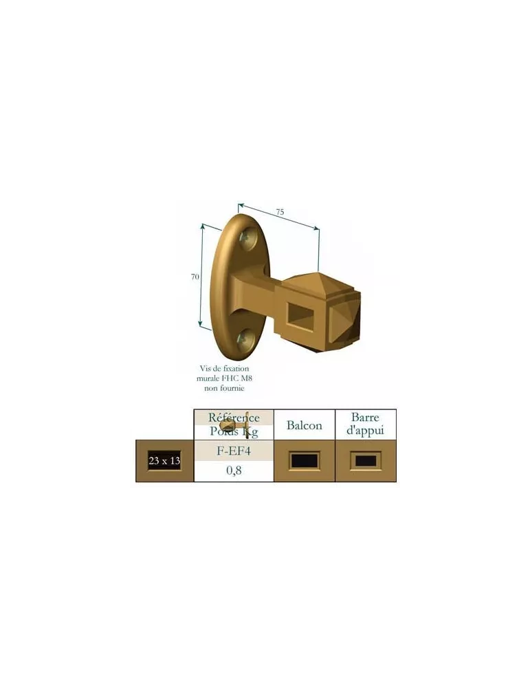 élément prêt à poser Fixation En Façade 75 x 70 Section 23x13 FONTE Ref: F-EF4