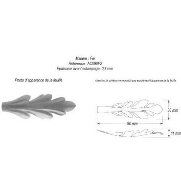 pièce élément ferronnier serrurier Feuille d'acanthe 90 x 33 Hauteur 11 ACIER Ref: GAC090F2