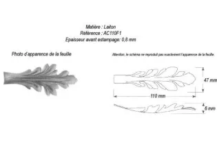 pièce élément ferronnier serrurier Feuille d'acanthe 110 x 47 Hauteur 6 LAITON Ref: GAC110F1