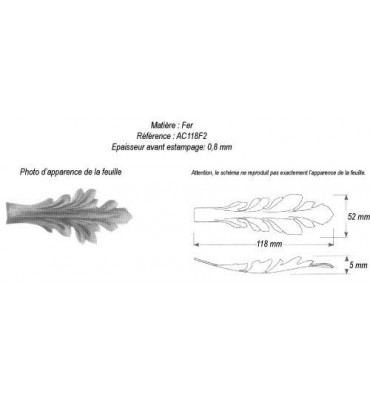 pièce élément ferronnier serrurier Feuille d'acanthe 118 x 52 Hauteur 5 ACIER Ref: GAC118F2