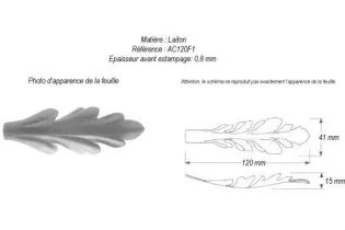 pièce élément ferronnier serrurier Feuille d'acanthe 120 x 41 Hauteur 15 LAITON Ref: GAC120F1