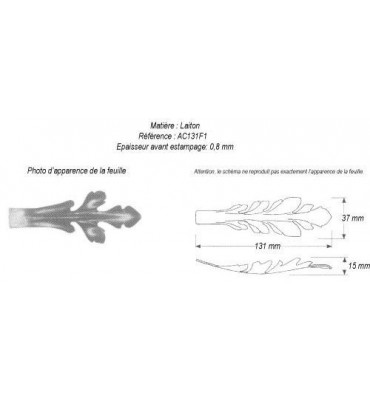 pièce élément ferronnier serrurier Feuille d'acanthe 131 x 37 Hauteur 15 LAITON Ref: GAC131F1