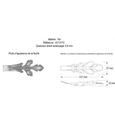 pièce élément ferronnier serrurier Feuille d'acanthe 131 x 37 Hauteur 15 ACIER Ref: GAC131F2