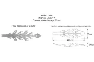 pièce élément ferronnier serrurier Feuille d'acanthe 207 x 63 Hauteur 21 LAITON Ref: GAC207F1