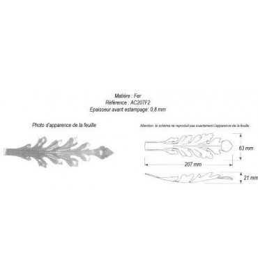 pièce élément ferronnier serrurier Feuille d'acanthe 207 x 63 Hauteur 21 ACIER Ref: GAC207F2