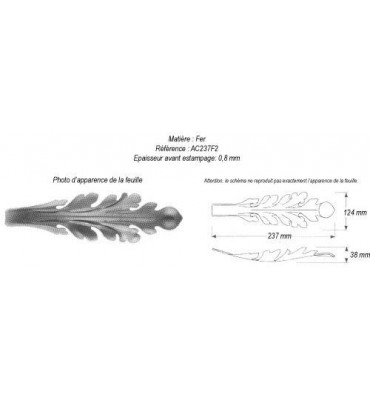 pièce élément ferronnier serrurier Feuille d'acanthe 237 x 124 Hauteur 38 ACIER Ref: GAC237F2
