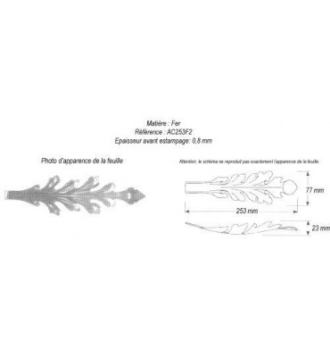 pièce élément ferronnier serrurier Feuille d'acanthe 253 x 77 Hauteur 23 ACIER Ref: GAC253F2