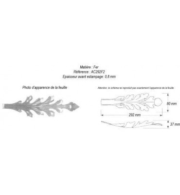 pièce élément ferronnier serrurier Feuille d'acanthe 292 x 80 Hauteur 37 ACIER Ref: GAC292F2