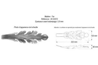 pièce élément ferronnier serrurier Feuille d'acanthe 322 x 130 Hauteur 60 ACIER Ref: GAC322F2