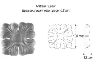 pièce élément ferronnier serrurier Rosace culot façon acanthe 100 x 100 Hauteur 13 LAITON Ref: GC4100F1