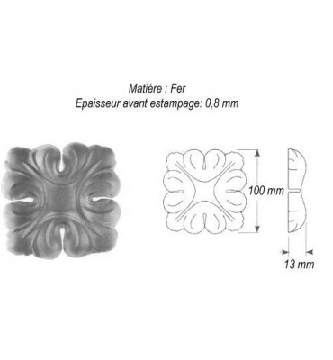 pièce élément ferronnier serrurier Rosace culot façon acanthe 100 x 100 Hauteur 13 ACIER Ref: GC4100F2
