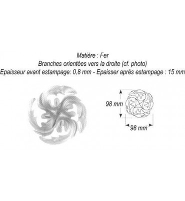 pièce élément ferronnier serrurier Rosace culot circulaire orientée droite 98 x 98 Hauteur 15 ACIER Ref: GCD098F2