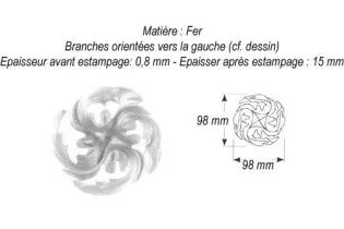 pièce élément ferronnier serrurier Rosace culot circulaire fer orientée gauche 98 x 98 Hauteur 15 ACIER Ref: GCG098F2