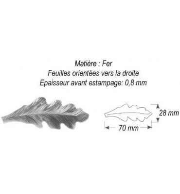 pièce élément ferronnier serrurier Feuiller de Chêne droite 70 x 28 ACIER Ref: GCH070F2