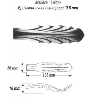 pièce élément ferronnier serrurier Feuille d'Eau 136 x 36 Hauteur 18 LAITON Ref: GEA136F1