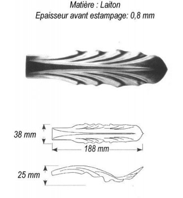 pièce élément ferronnier serrurier Feuille d'Eau 188 x 38 Hauteur 25 LAITON Ref: GEA188F1