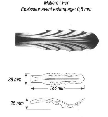 pièce élément ferronnier serrurier Feuille d'Eau 188 x 38 Hauteur 25 ACIER Ref: GEA188F2