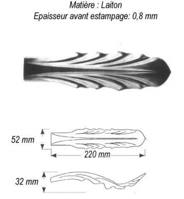 pièce élément ferronnier serrurier Feuille d'Eau 220 x 52 Hauteur 32 LAITON Ref: GEA220F1