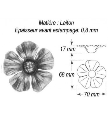 pièce élément ferronnier serrurier Fleur d'Eglantine 70 x 68 Hauteur 17 LAITON Ref: GEG068F1