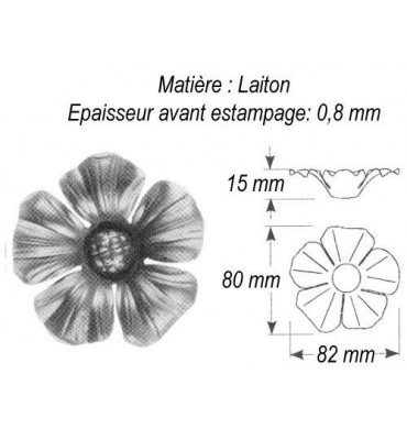 pièce élément ferronnier serrurier Fleur d'Eglantine 82 x 80 Hauteur 15 LAITON Ref: GEG080F1