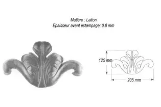 pièce élément ferronnier serrurier Feuille diverse façon acanthe 205 x 125 LAITON Ref: GFA205F1