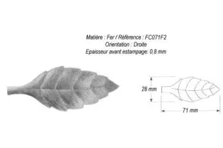pièce élément ferronnier serrurier Feuille de cerisier gauche 70 x 28 ACIER Ref: GFC071F2