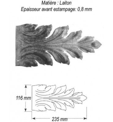 pièce élément ferronnier serrurier Feuille diverse façon acanthe 235 x 116 LAITON Ref: GFD235F1