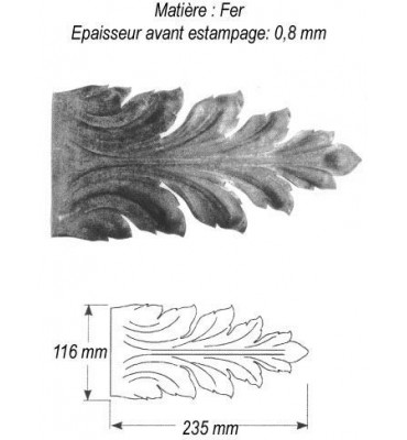 pièce élément ferronnier serrurier Feuille diverse façon acanthe 235 x 116 ACIER Ref: GFD235F2